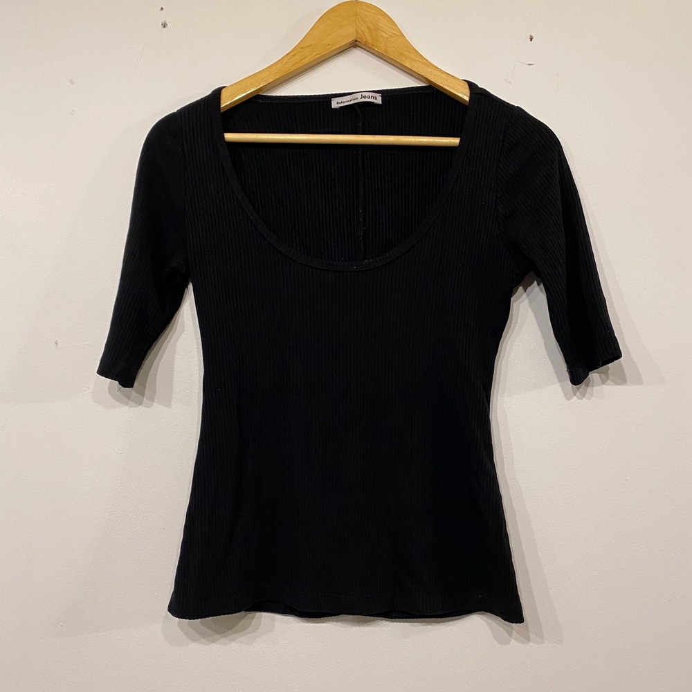 Reformation Jeans Black Ribbed Scoop Neck Elbow Sleeve Top Size M
